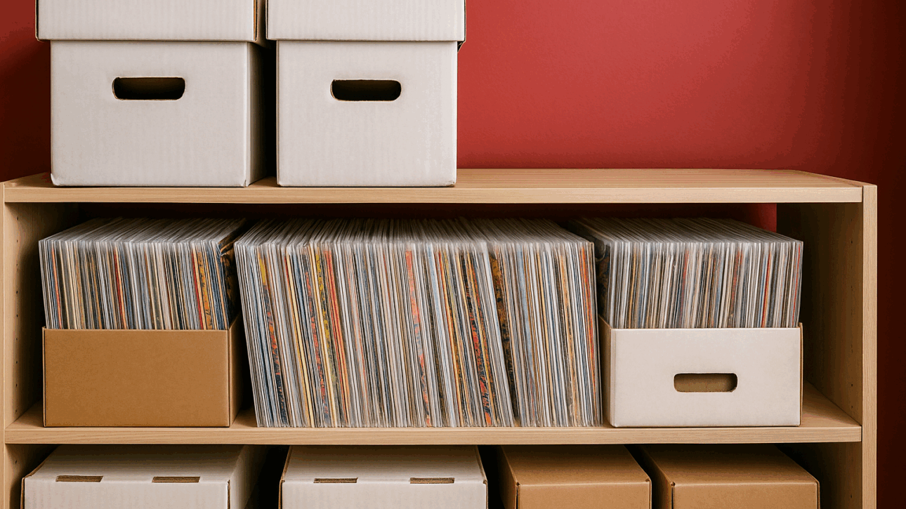 Comic storage and preservation in Canada – organized comic boxes and Mylar sleeves on shelf.