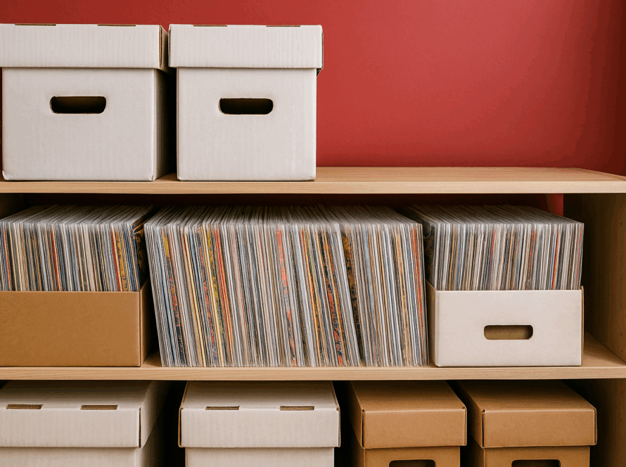 Comic storage and preservation in Canada – organized comic boxes and Mylar sleeves on shelf.