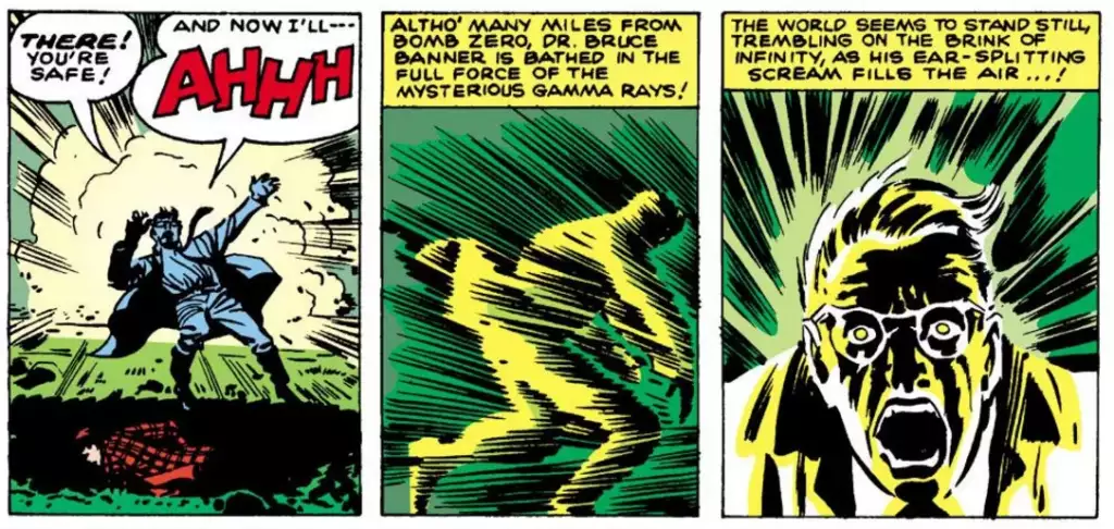 Incredible Hulk #102 Canada origin retold — scientist gamma radiation blast Silver Age illustration
